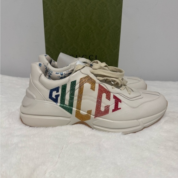 Gucci Shoes - Gucci Cream Sneakers with Multicolor Logo